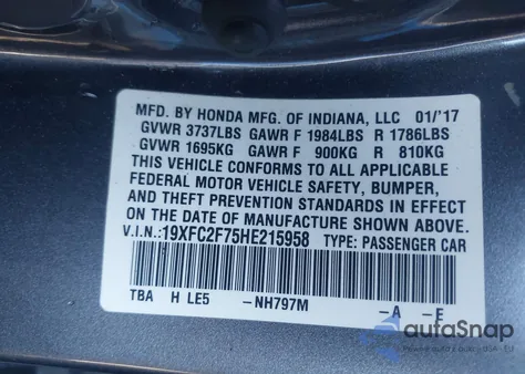 2017 Honda Civic Ex из США, поврежденный, VIN 19XFC2F75HE215958